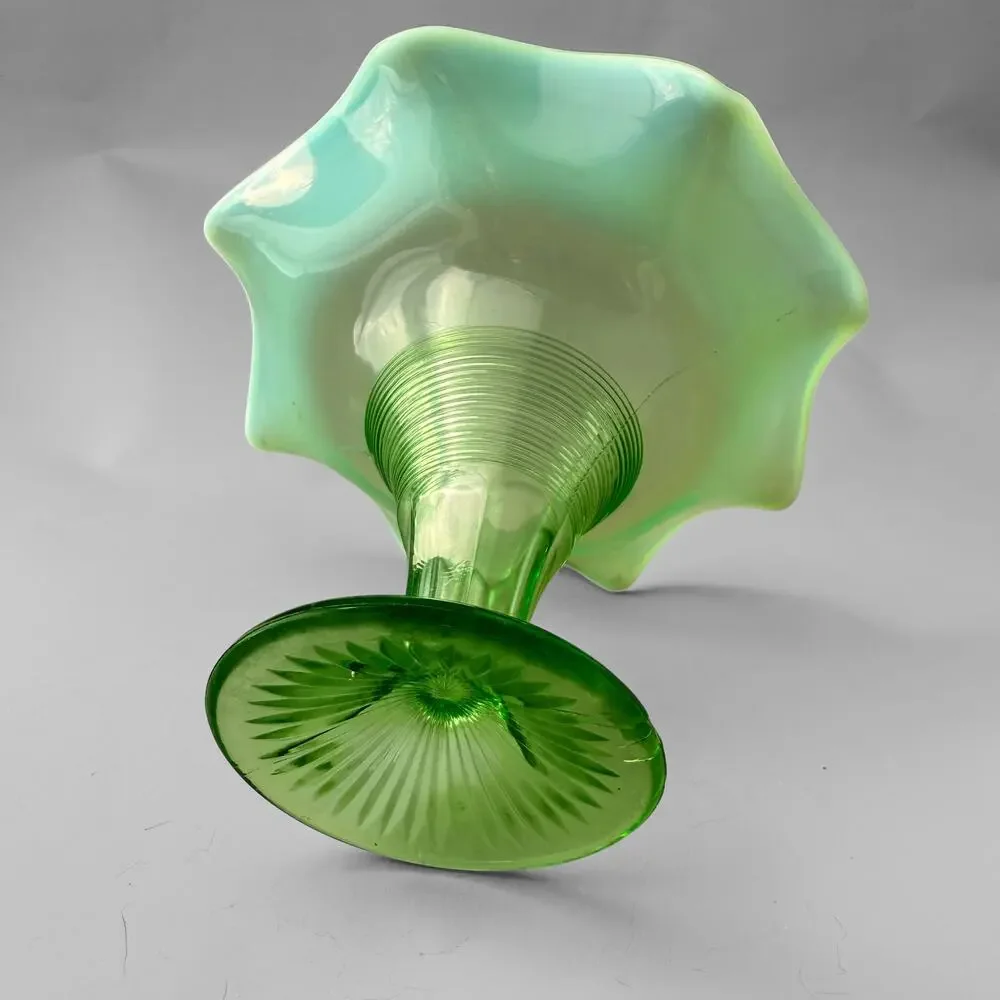 VTG 60s Northwood Glass Green Opalescent Roulette Vase Ruffled Edge Candy Dish